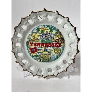 Tennessee Decorative Porcelain Plate With Gold Trim Lacy Edge & State Symbols Fe